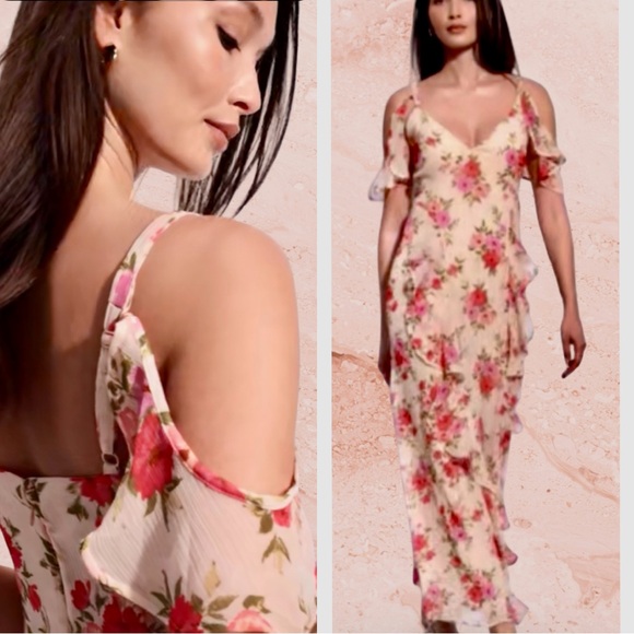 NWTS💓THE OCCASION LG💓PREMIUM LINE OFF SHOULDER PINK RUFFLED CHIFFON MAXI DRESS - Picture 1 of 16